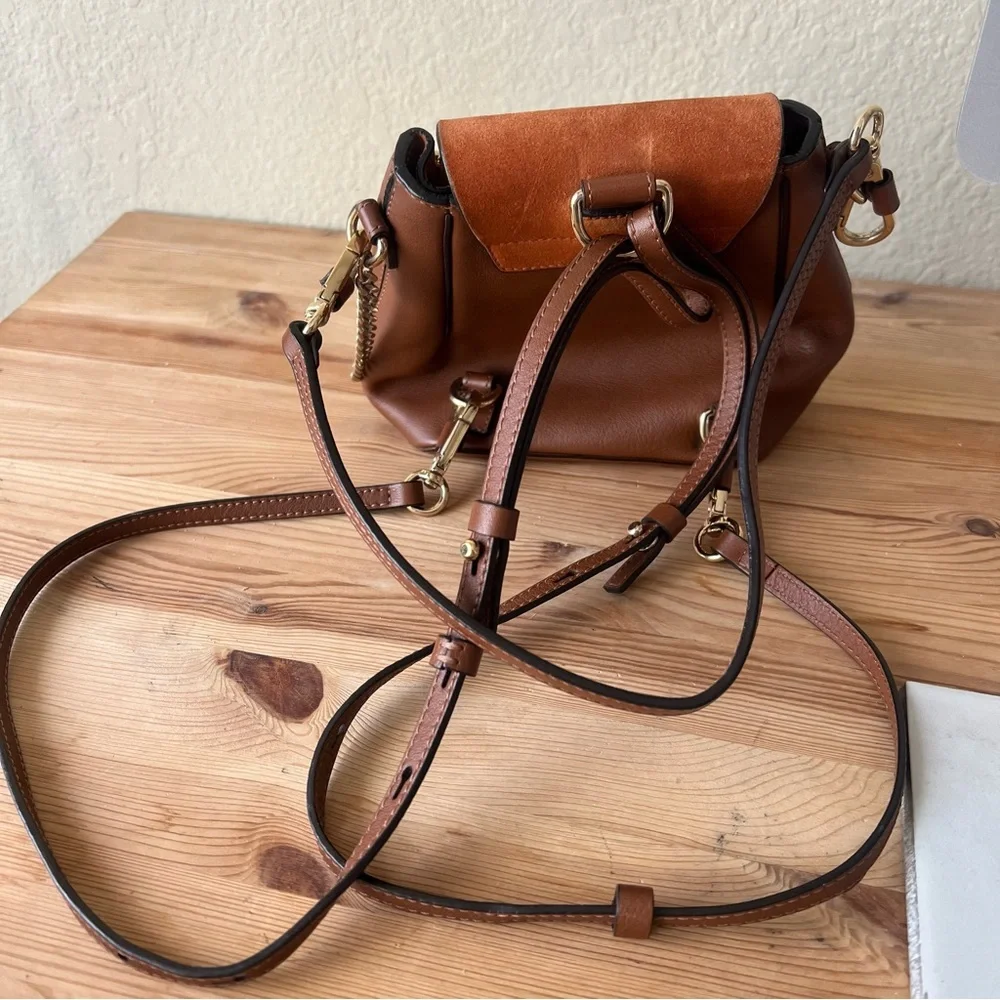 Chloe Faye Mini Backpack Tobacco Brown Suede Leather Gold Circle Hardware - Picture 6 of 15